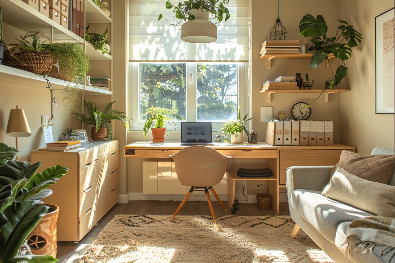 Vue aérienne d'un coin bureau fonctionnel et élégamment aménagé dans un petit appartement à Saint-Donat-sur-l'Herbasse, illustrant des astuces d'optimisation de l'espace.