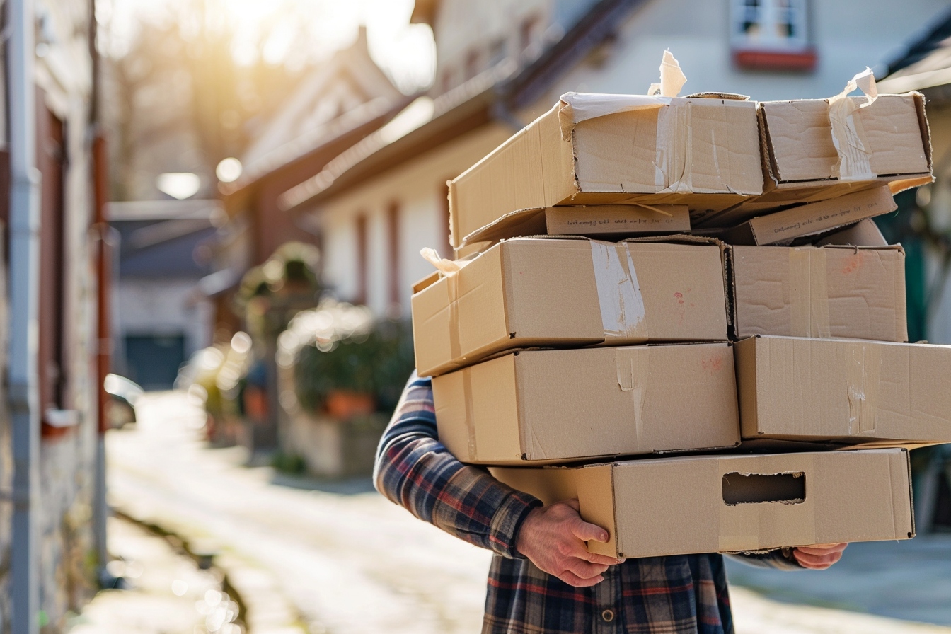 Camion de déménagement chargé de cartons devant un logement à Saint-Donat-sur-l'Herbasse, illustrant des astuces pour déménager sans CDI