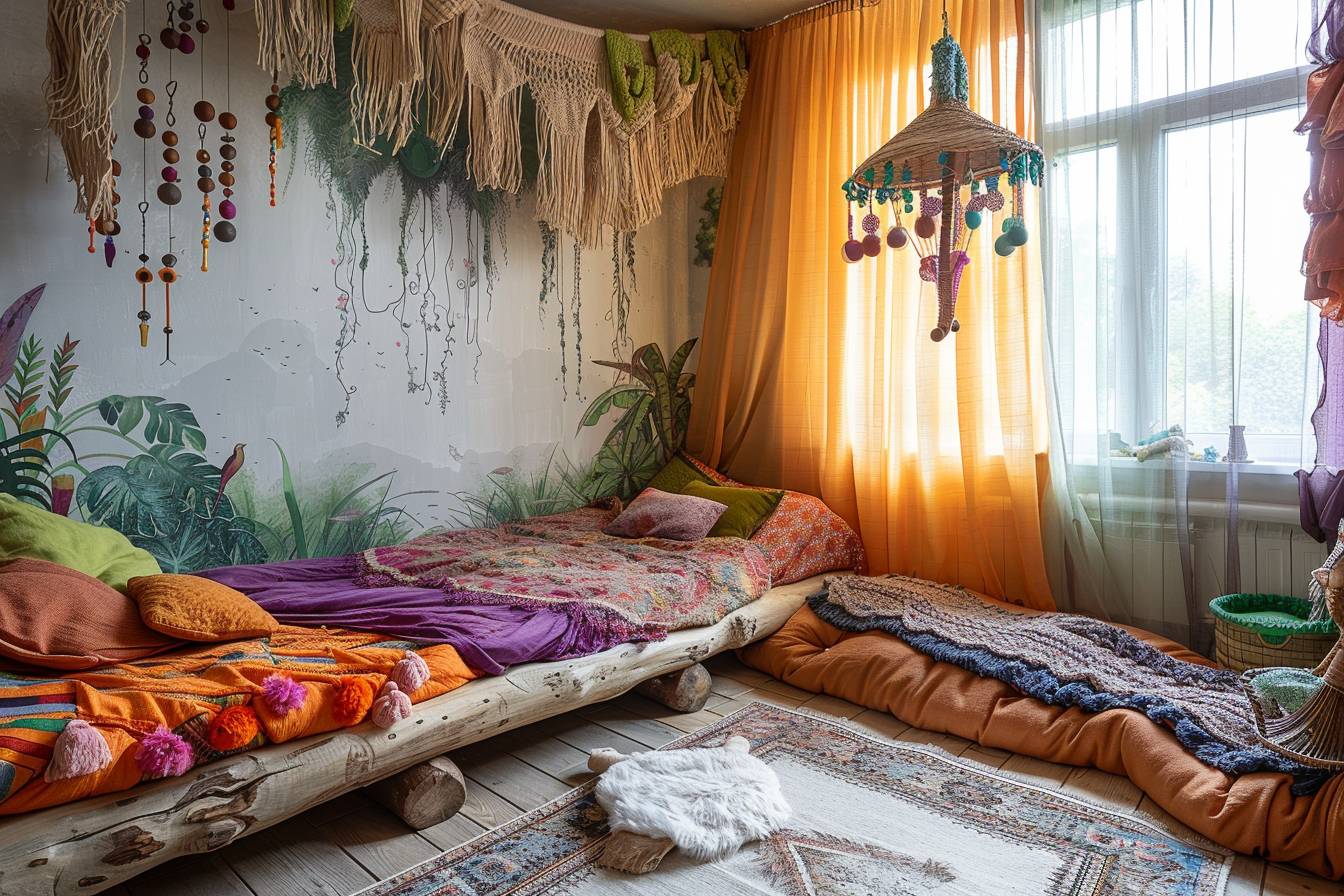 Chambre d'enfant colorée et écologique décorée avec des matériaux recyclés pour stimuler l'imagination des petits explorateurs