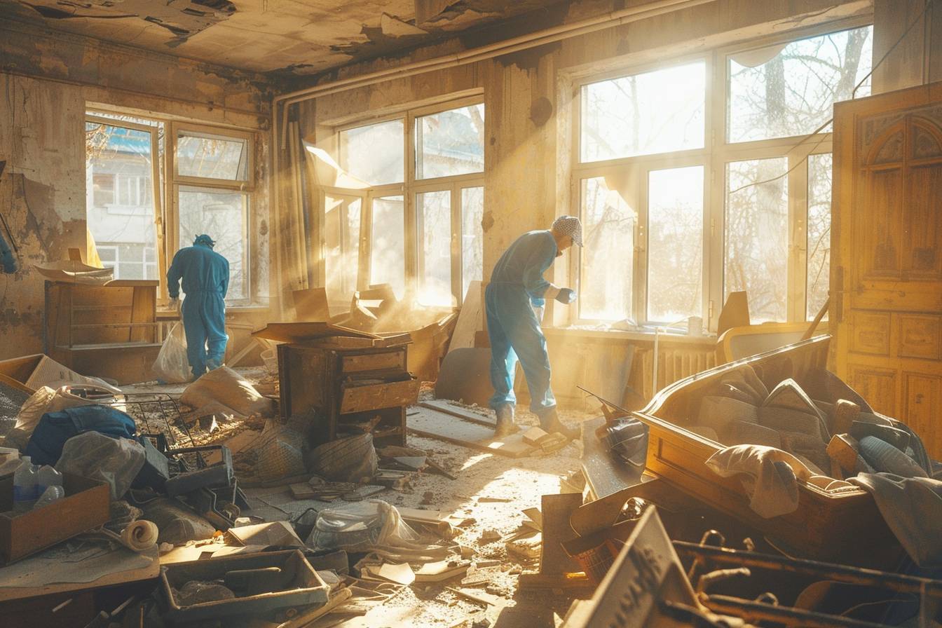 Équipe professionnelle en action lors d'un débarras de maison insalubre à Saint-Donat-sur-l'Herbasse, illustrant une transformation radicale du lieu de vie.