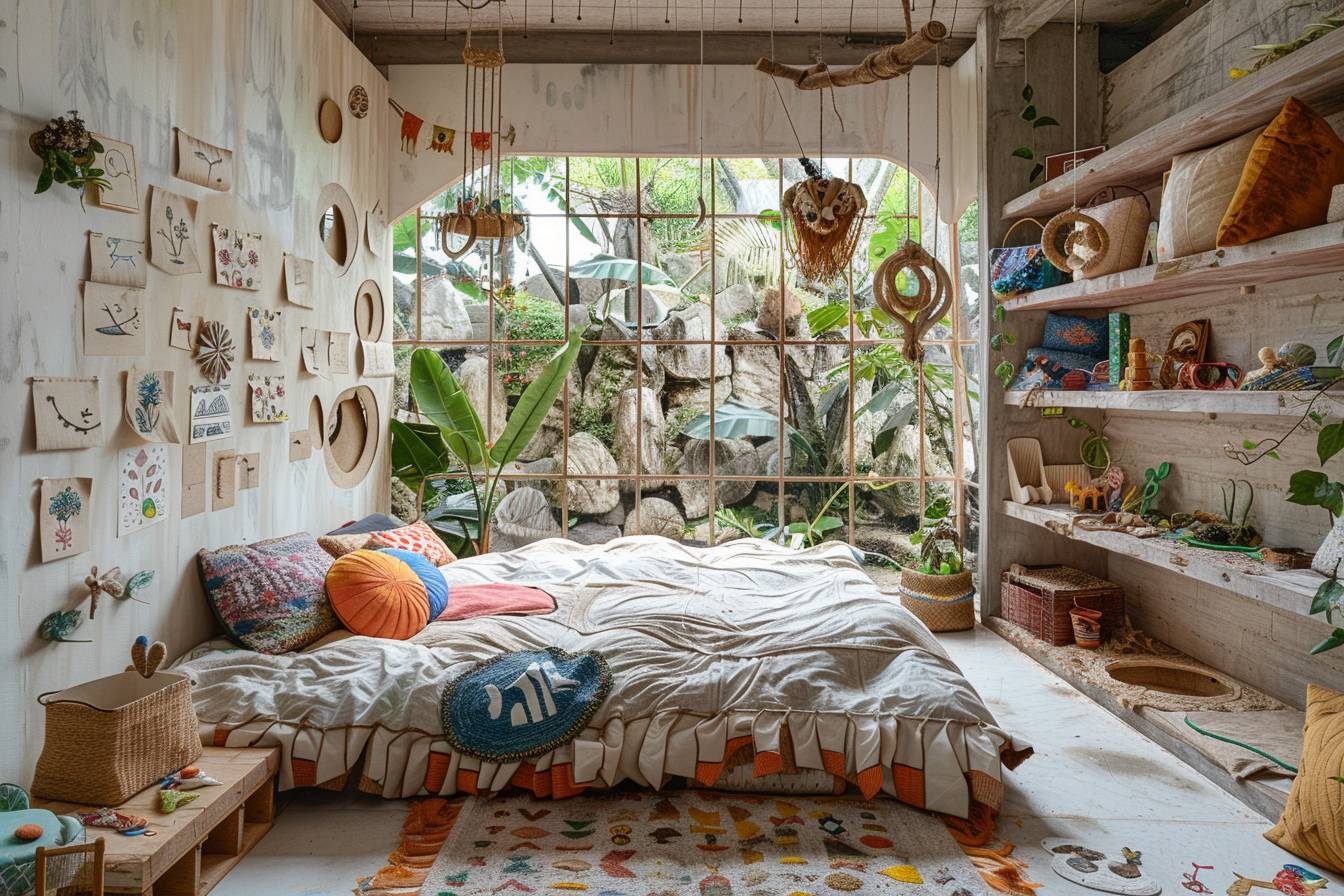 Chambre d'enfant écolo décorée avec créativité utilisant des matériaux recyclés pour une oasis imaginative.